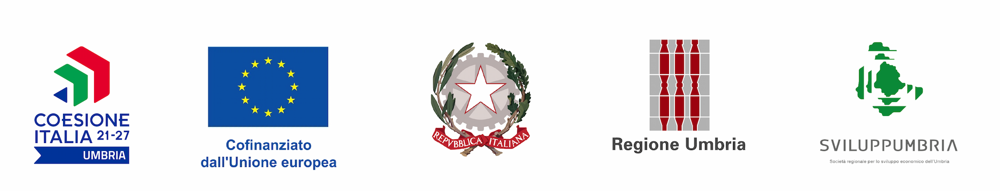 Loghi Coesione Italia 2021-2027 Umbria, Unione europea, Repubblica Italiana, Regione Umbria, Sviluppumbria